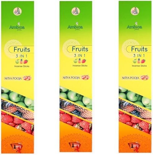 Ambica Fruits 3 in 1 Incense Sticks | Green Apple, Strawberry & Pineapple perfumed Agarbatti for Pooja, Home and Office Fragrance | Hand Rolled Incense Sticks | (100g) - Pack of 3