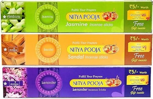 Ambica Nitya Pooja Agarbathies | Incense Sticks | HandRolled Agarbatti for Pooja |Natural and Organic Pooja Supplies | Sandal, Lavendar and Jasmine Multi Pack -85g