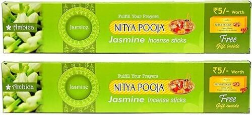 Ambica Nitya Pooja Agarbathies | Jasmine Incense Sticks | HandRolled Agarbatti for Pooja |Natural and Organic Pooja Supplies | 85g – Pack of 2