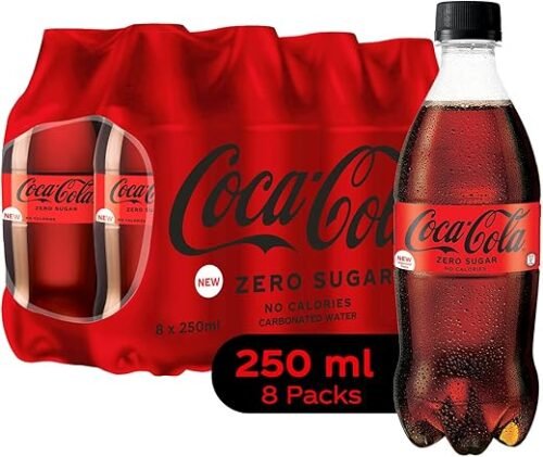 Coca-Cola Coke Zero Zero Cola Sugar, No Calories Soft Drink Pet Bottle, 250 Ml (Pack of 8)