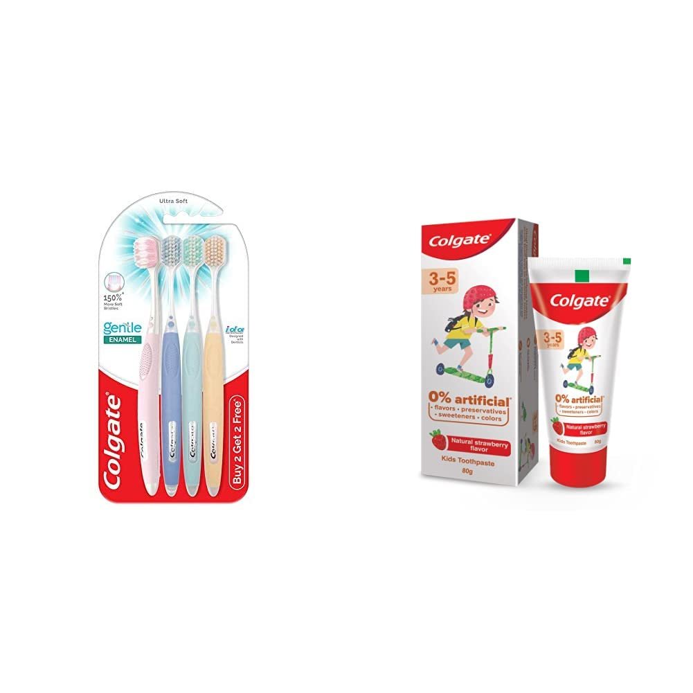 Colgate Gentle Enamel Ultra Soft Bristles Manual Toothbrush 4 Pcs (Buy2 Get 2) & Colgate Toothpaste for Kids 80 grams