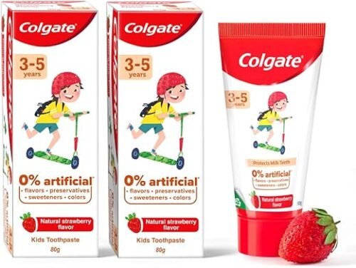 Colgate Kids 3-5 Yrs Premium Anticavity Toothpaste, Natural Strawberry Flavour, 0% Artificial - 80G (Combo Pack Of 2)