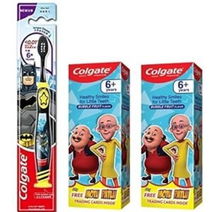 Colgate Kid's Batman Anti cavity extra Soft with Tongue Cleaner Toothbrush - 1 pc | Motu Patlu Anticavity Toothpaste for Kids - 80g + 80g (Bubble Fruit Flavor)