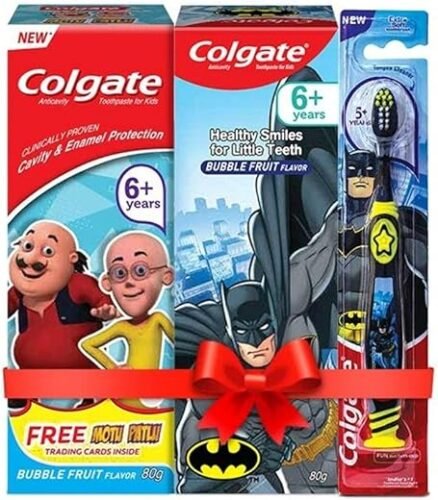 Colgate Kids Oral Care Variety Pack (for 6+ Years) – Motu-Patlu and Batman (Bubble Fruit) Toothpaste, 80g each with Batman Toothbrush, 1pc