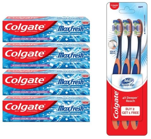 Colgate MaxFresh Breath Freshener Toothpaste, 600g (150g x 4), Peppermint Ice, Blue Gel Paste with Menthol, Cooling crystals for bad breath control & Colgate Toothbrush-360...