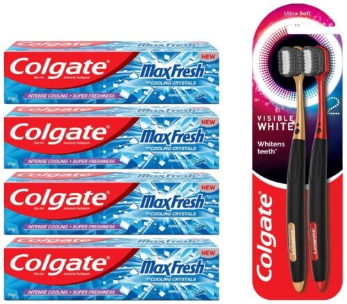 Colgate MaxFresh Breath Freshener Toothpaste, 600g (150g x 4), Peppermint Ice, Blue Gel Paste with Menthol, Cooling crystals for bad breath control & Colgate Visible White O2...