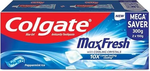 Colgate MaxFresh Toothpaste, Blue Gel Tooth Paste with Menthol for Super Fresh Breath, 300g, 150g X 2 (Peppermint Ice, Combo Pack Offer)