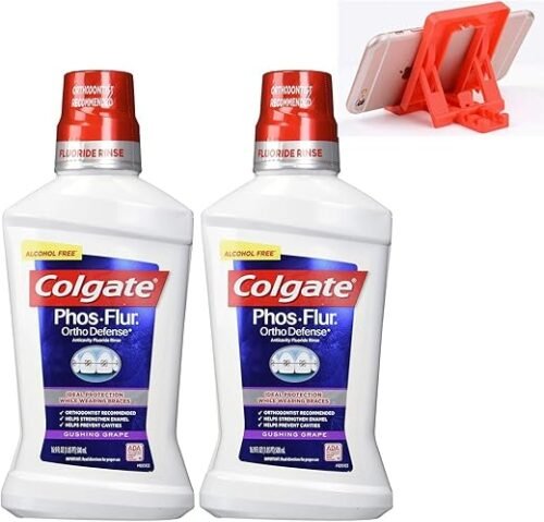 Colgate Phos-Flur Anti-Cavity Fluoride Rinse, Gushing Grape 500ml (Pack of 2) + Free Mobile Holder