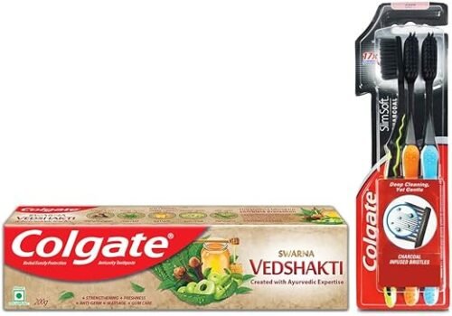 Colgate Swarna Ved Shakti Toothpaste - 200 g and Colgate Slim Soft Charcoal Toothbrush (Buy 2 Get 1 Free)