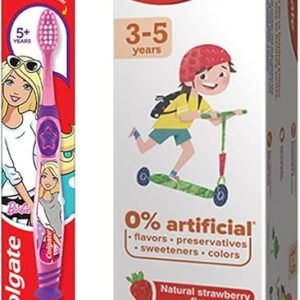 Colgate Toothpaste for Kids (3-5 years), Natural Strawberry Flavour, 0% Artificial- 80g with Colgate Barbie Extra Soft Toothbrush (5+ yrs) - 1 Pc