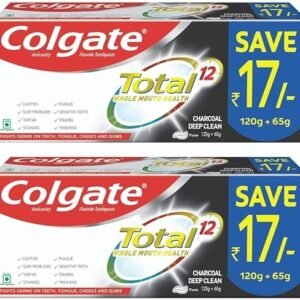 Colgate Total Charcoal Deep Clean Antibacterial Cavity Protection Toothpaste for Whole Mouth Health, 370g (2 x185g), Charcoal Deep Clean for 7 Dental Problems