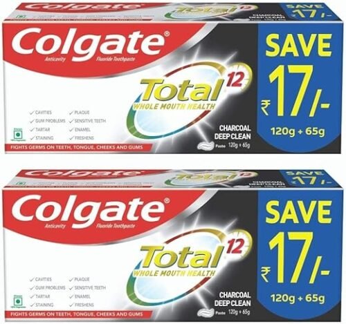 Colgate Total Charcoal Deep Clean Antibacterial Cavity Protection Toothpaste for Whole Mouth Health, 370g (2 x185g), Charcoal Deep Clean for 7 Dental Problems