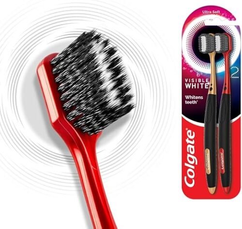 Colgate Visible White O2 Manual Toothbrush - 2 Pcs, Ultra Soft Toothbrush for Adults, Helps prevent Bad Breath, Cavities, Enamel & Gum Problems.