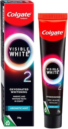 Colgate Visible White O2, Teeth Whitening Toothpaste (25g) for noticeably whiter teeth starting in 3 days. Aromatic Mint with Active Technology, Enamel Safe Teeth Whitening &...