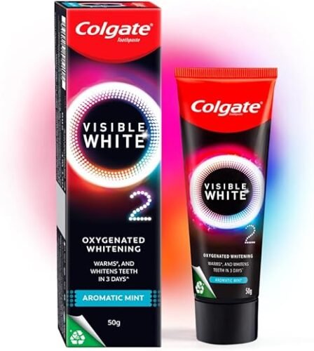 Colgate Visible White O2, Teeth Whitening Toothpaste (50g) for noticeably whiter teeth starting in 3 days. Aromatic Mint with Active Technology, Enamel Safe Teeth Whitening &...