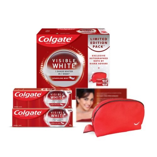 Colgate Visible White teeth Whitening toothpaste, 200gm with exclusive note by Kiara Advani & Red Make-up pouch (Limited Edition)