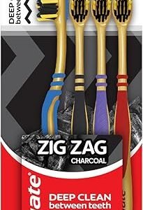 Colgate Zigzag Charcoal Medium Bristle Manual Toothbrush For Adult - 4 Pcs, Removes Germs In Between Teeth, Soft-Tongue Cleaner